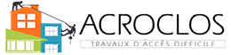 Acroclos - Spécialiste des Travaux d'Accès Difficile Logo Acroclos montrant des cordistes sur des bâtiments pour des travaux d'accès difficile.